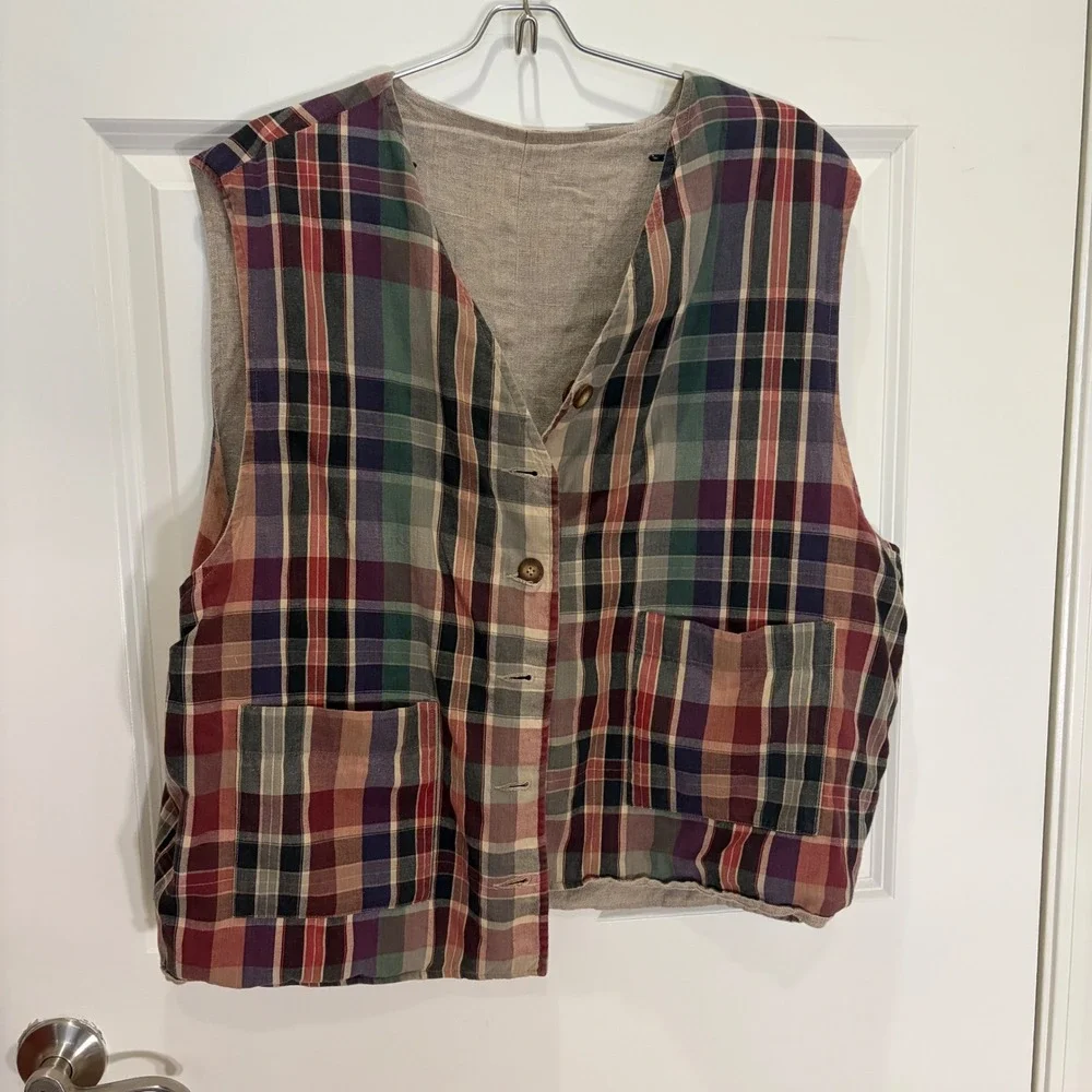 Mens Vintage Reversible Plaid and Tan Linen Blend Button Front Vest Large